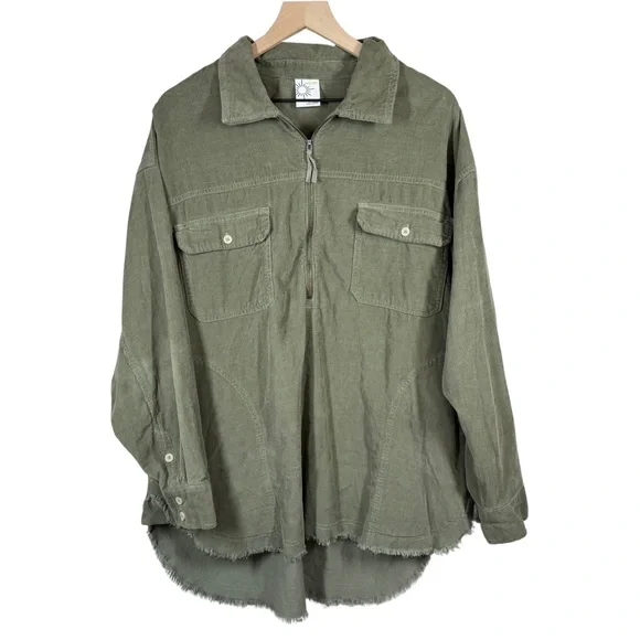 Aerie Offline Large Corduroy Raw Hem Long Sleeve Cotton Oversized Green 1/4 Zip - Picture 1 of 12